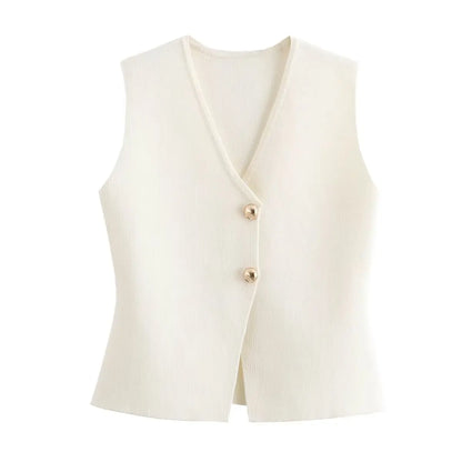 MUJER Knit Sleeveless Vests for Women White Black Cropped Vest Top Women Vintage Button Female Vest Knitted Short Vest Women