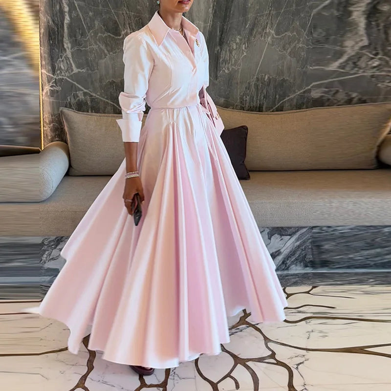 Women's Casual Pleated Skirts Set Two-piece Fashion Lapel Full Sleeve Button Top & Maxi Dress Lady 2025 Spring Street Outfits