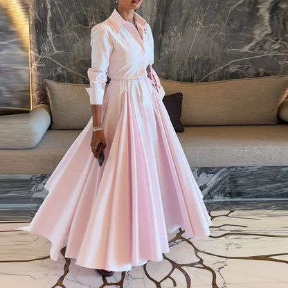 Women's Casual Pleated Skirts Set Two-piece Fashion Lapel Full Sleeve Button Top & Maxi Dress Lady 2025 Spring Street Outfits