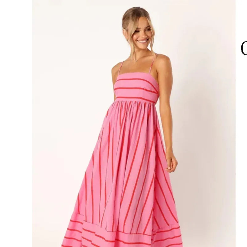 Fashion Stripe Slip Maxi Dress Women 2024 New Elegant Sleeveless Slash Neck Suspender Beach Dress Females Holiday Party Vestidos