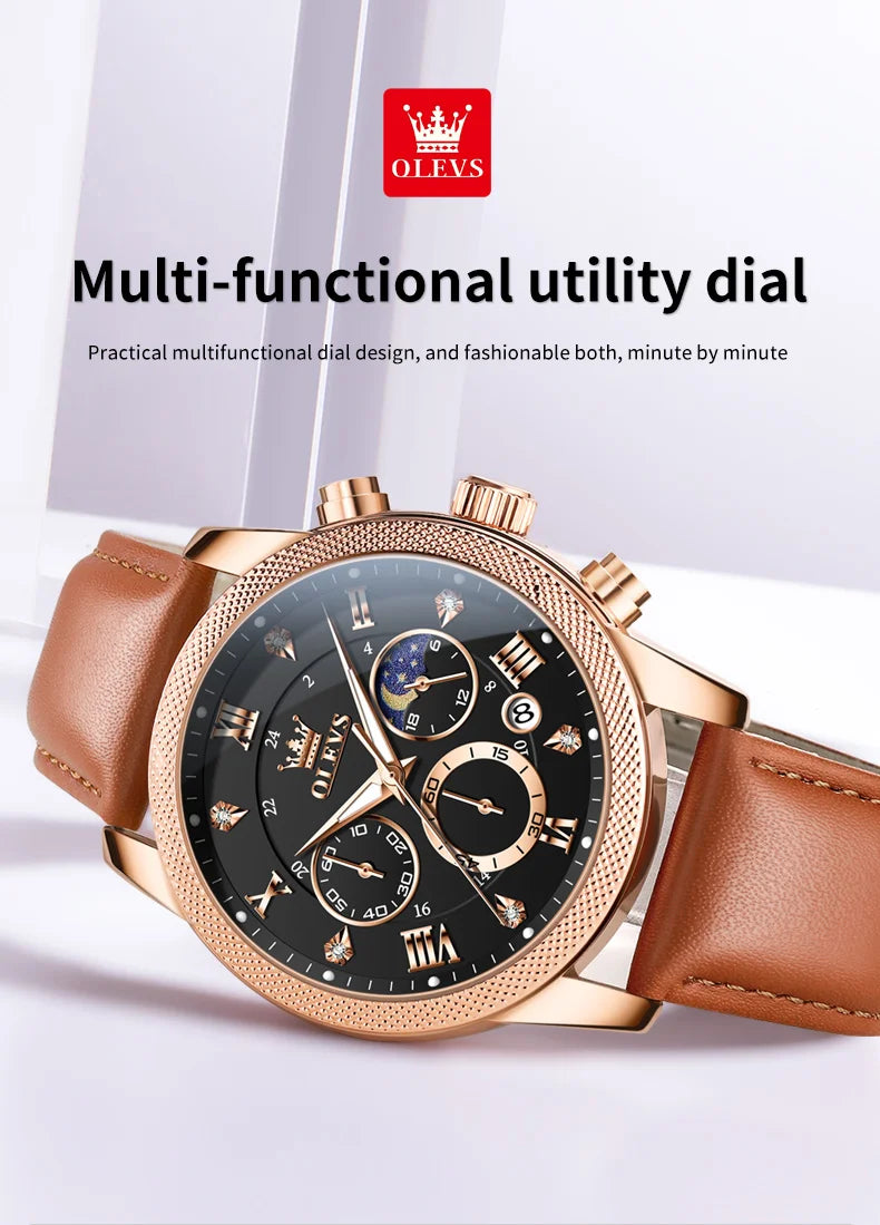 OLEVS 3660 Moon Phase Chronograph Luminous Men's Watches Leather Strap Waterproof Original Quartz Watch for Man Brand Wristwatch
