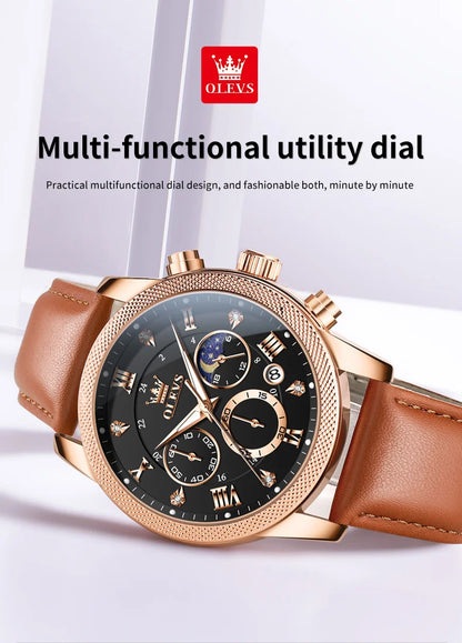 OLEVS 3660 Moon Phase Chronograph Luminous Men's Watches Leather Strap Waterproof Original Quartz Watch for Man Brand Wristwatch