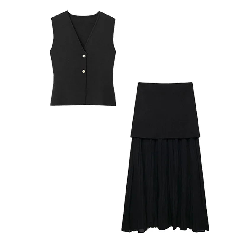 HH Women 2 Piece Skirt Set Elegant V-Neck Sleeveless Button Knitted Vest Top+Splicing High Waist Zipper Ankle-Length Skirts