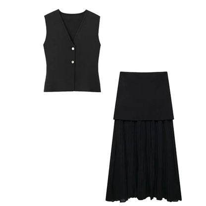 HH Women 2 Piece Skirt Set Elegant V-Neck Sleeveless Button Knitted Vest Top+Splicing High Waist Zipper Ankle-Length Skirts