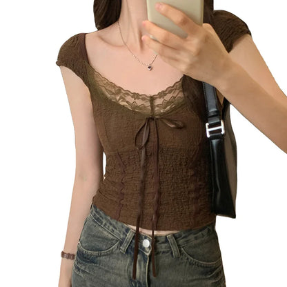 Lamuusaa Coquette Crop Top y2k Clothes Women Solid Color Lace Trim V Neck Cap Sleeve Backless T Shirt with Bow Decor Streetwear