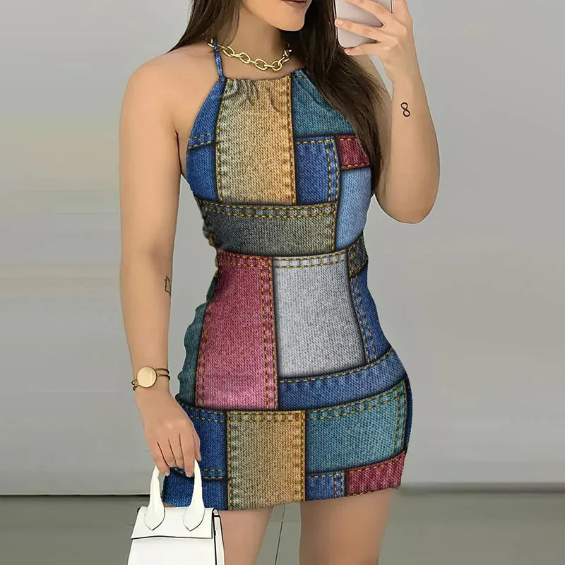 Summer Faux Denim Print Neck-mounted Spaghetti Strap Dress Women Sexy Slim Sleeveless Backless Dresses Fashion Wrap Hip Vestidos