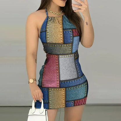 Summer Faux Denim Print Neck-mounted Spaghetti Strap Dress Women Sexy Slim Sleeveless Backless Dresses Fashion Wrap Hip Vestidos