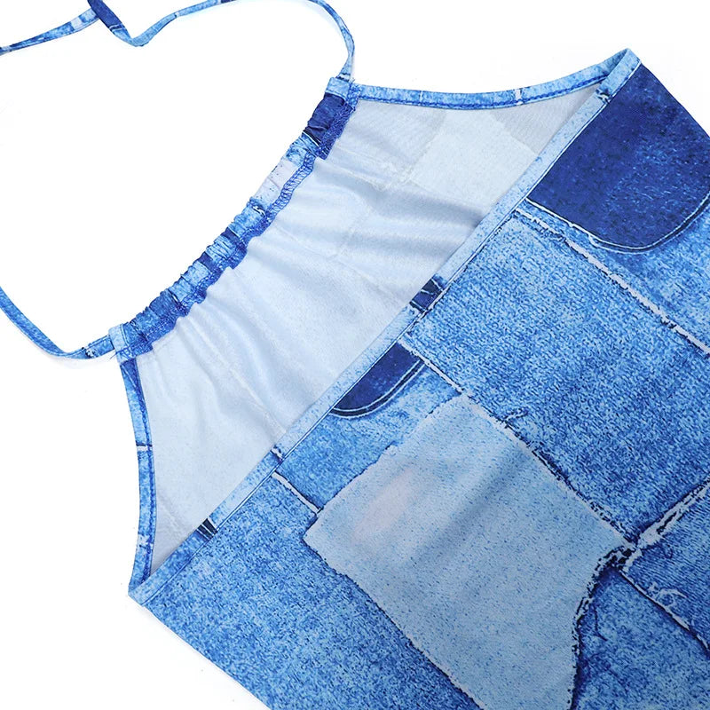 Summer Faux Denim Print Neck-mounted Spaghetti Strap Dress Women Sexy Slim Sleeveless Backless Dresses Fashion Wrap Hip Vestidos