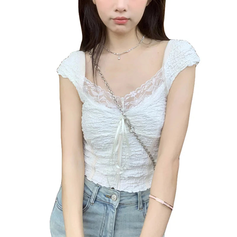 Lamuusaa Coquette Crop Top y2k Clothes Women Solid Color Lace Trim V Neck Cap Sleeve Backless T Shirt with Bow Decor Streetwear