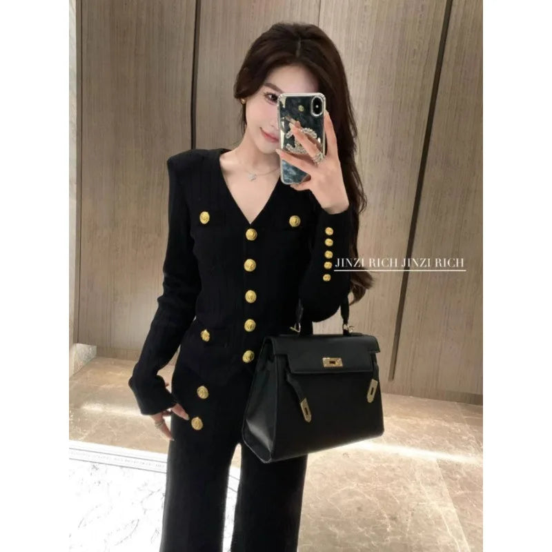 Autumn Winter Luxury Women Suits Fashion V Neck Golden Buttons Elegant Cardigan Coats + Knitted Wide Leg Pants 2-piece Set Q891
