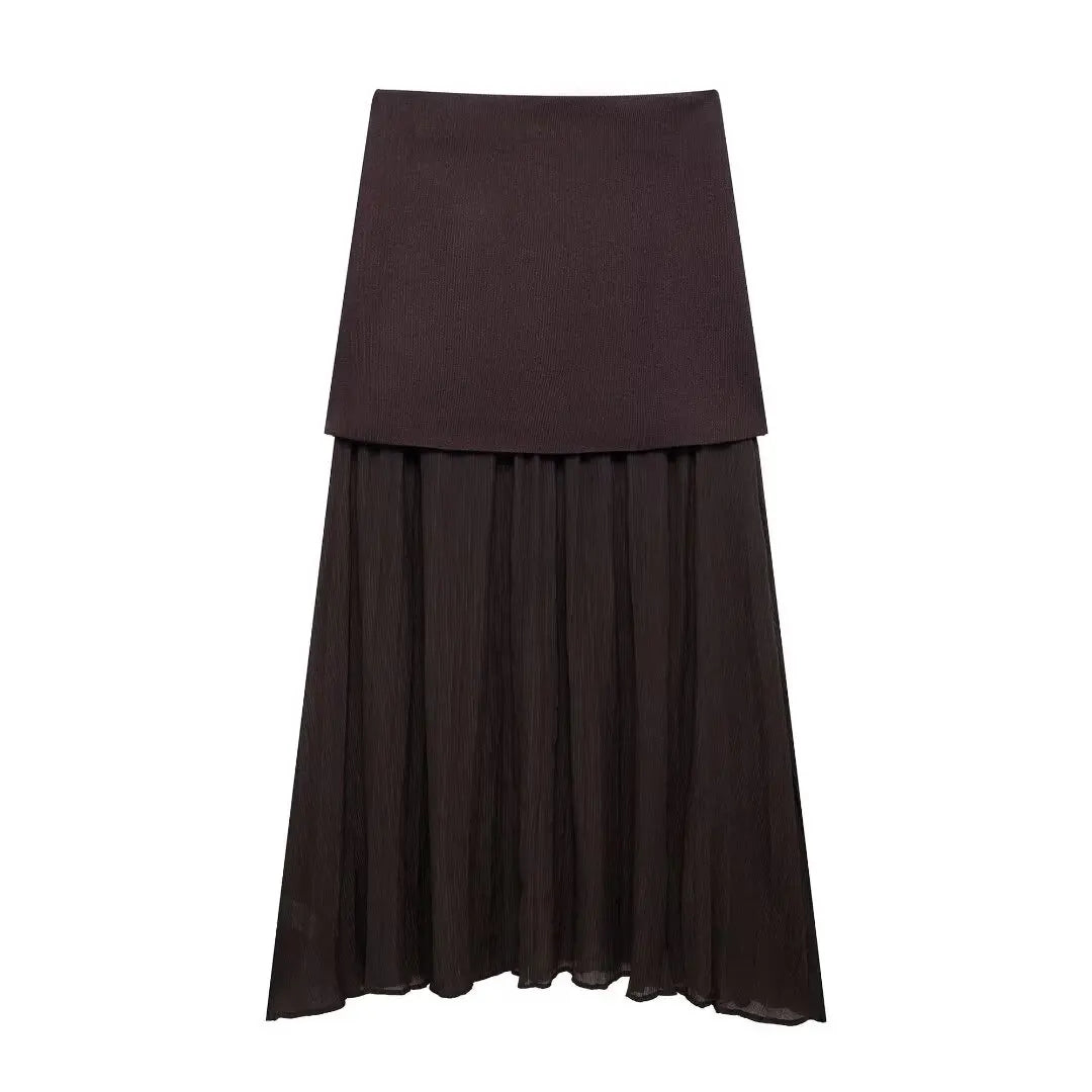 HH Women 2 Piece Skirt Set Elegant V-Neck Sleeveless Button Knitted Vest Top+Splicing High Waist Zipper Ankle-Length Skirts