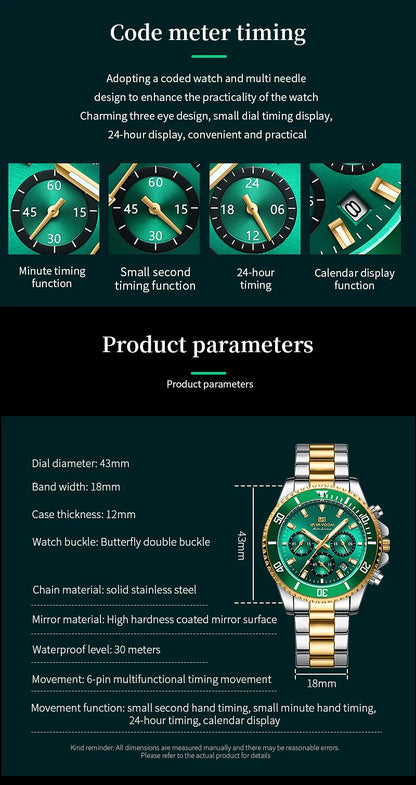Multifunctional Mens Quartz Watch Luxury Water Night Glow Business Style Diver Series Stainless Steel Leisure Fashion Wristwatch