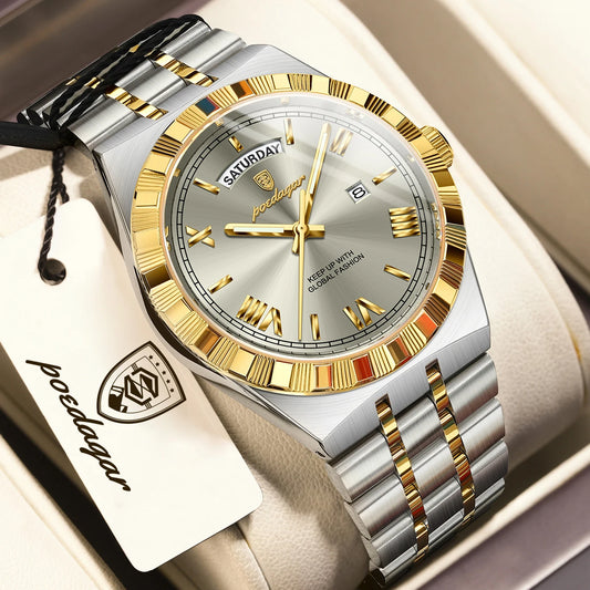 POEDAGAR Fashion Business Men's Watch Luminous Waterproof Week Date Luxury Man Wristwatch Stainless Steel Quartz Watches For Men