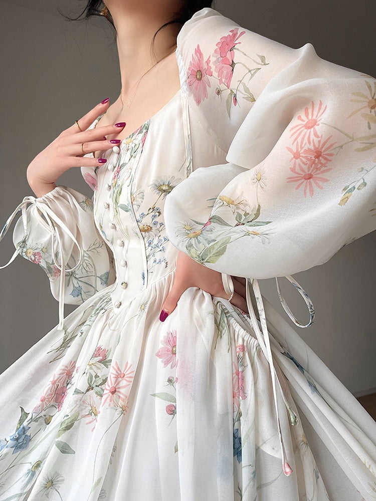 Vintage Floral Midi Dress Women Elegant Party Square Collar Dresses Summer Beach Fairy Korean Long Sleeve Bodycon Vestidos New