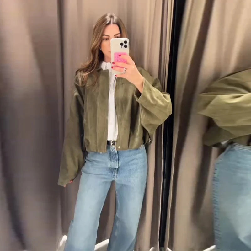 Autumn Women's Green Suede Short Jacket Loose Lapel Zipper Long Sleeve Bomber Coat Female 2025 New Lady High Street Outwears