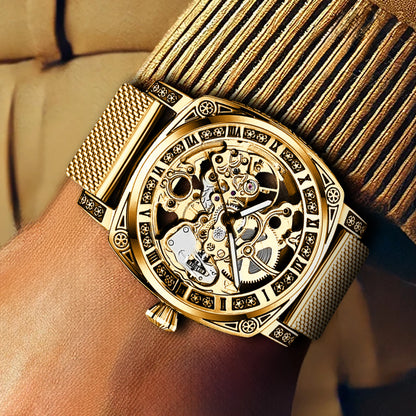 New men's watch with hollowed out carving design, high-end fashion disc gold mesh belt, men's fully automatic mechanical watch