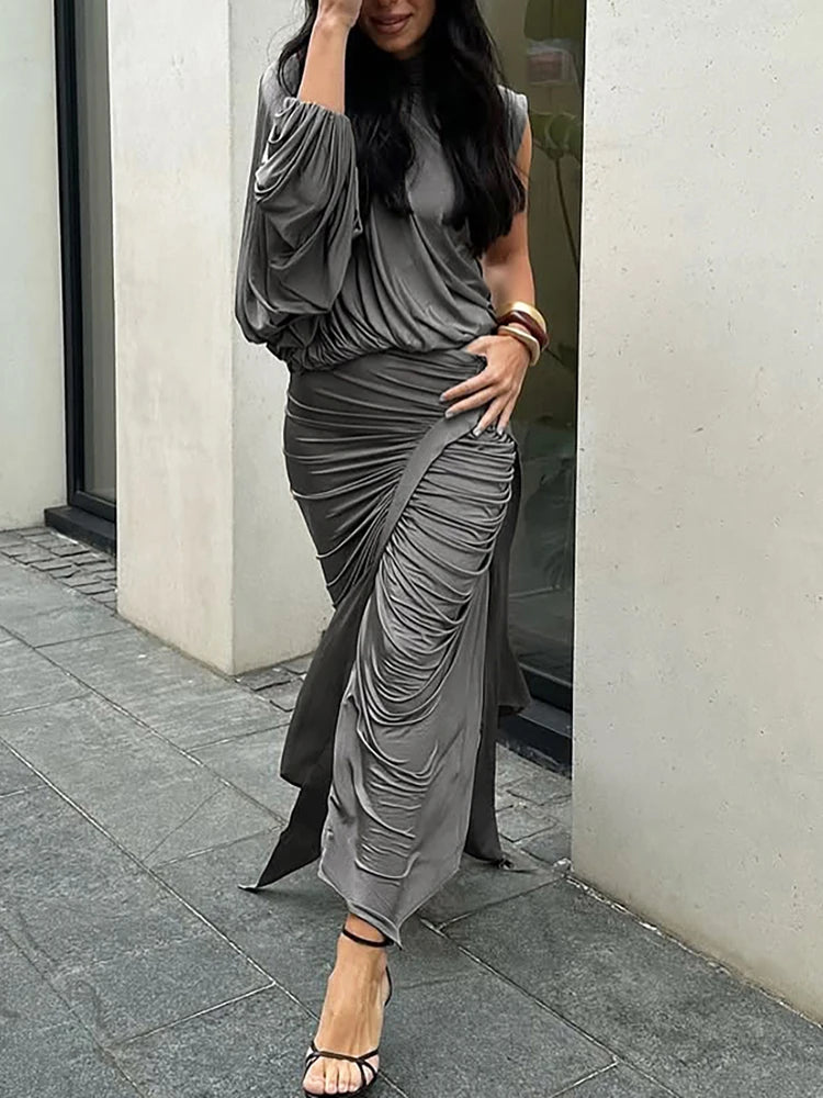 SIsterlinda Unique Irregular Women 2 Piece Set Solid Swinging Pleated Single Full Sleeve Turtleneck Tops+Matching Split Skirts