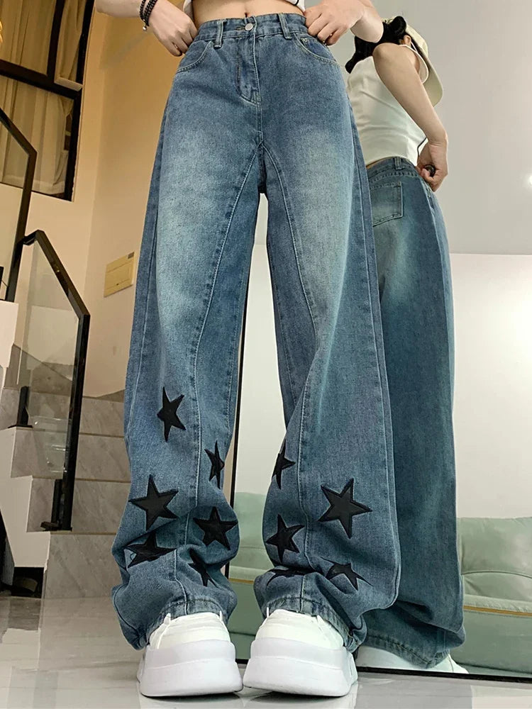 Woman Men American Retro Jeans High Waist Straight Wide Leg Denim Pants High Street Unisex Punk Washed Oversized Loose Trousers