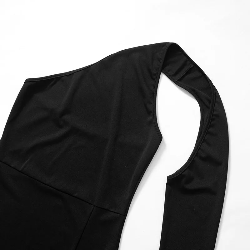 Cryptographic Fashion One Shoulder Split Maxi Dress for Women Elegant Club Outfits for Women Long Sleeve Vestido Dresses Gown