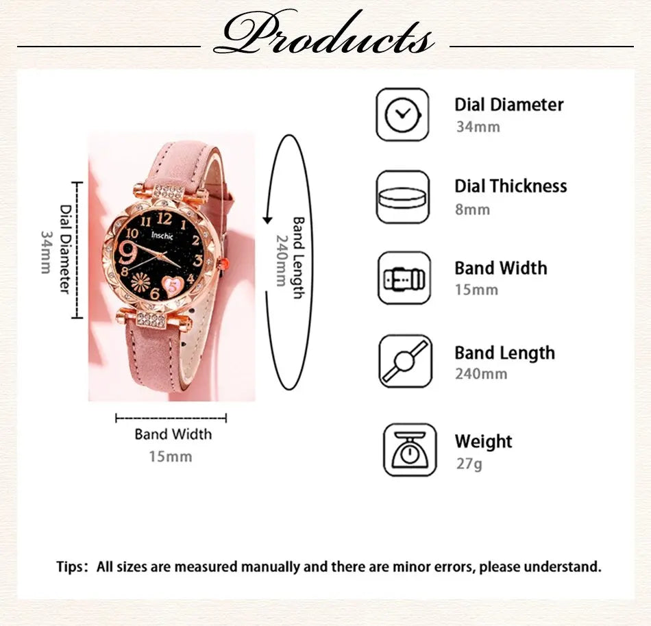 Women's Fashion Quartz Watch Luxury Pink Leather Band Analog WristWatch Ladies Watch Women Dress Bracelet Set Reloj Mujer Clock