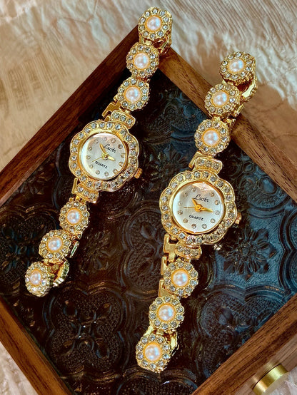 1 new gold classic fashion ladies quartz watch inlaid with diamond and pearl flower case with white dial ladies watch waterproof and simple niche design suitable for daily wear decoration and gifts