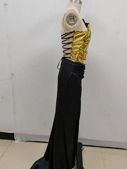 2024 New Arrival Women Gold Color Sexy Laced-up Tops 2 Pieces Bodycon Floor-Length Dress Celebrate Evening Party Prom Dress