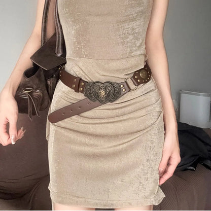 Vintage Bohemian style carved wide belt with heart-shaped buckle and rivet details, versatile pants belt suitable for daily