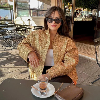 Suninheart Winter Women's Sequins Bomber Jacket Paillette Shiny Gold Jacket Coat Glitter Outerwear Lady New in Coats & Jackets