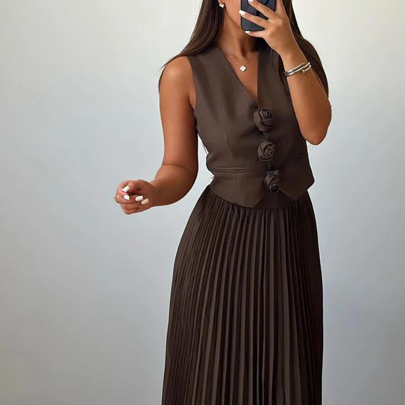 Elegant Temperament Slim Party Suit Office Simple Solid Color Pleated Outfits Ladies Sexy V Neck Rose Top and Long Skirt 2pc Set