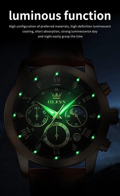 OLEVS 3660 Moon Phase Chronograph Luminous Men's Watches Leather Strap Waterproof Original Quartz Watch for Man Brand Wristwatch