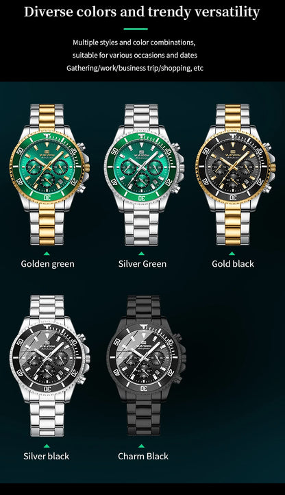 Multifunctional Mens Quartz Watch Luxury Water Night Glow Business Style Diver Series Stainless Steel Leisure Fashion Wristwatch