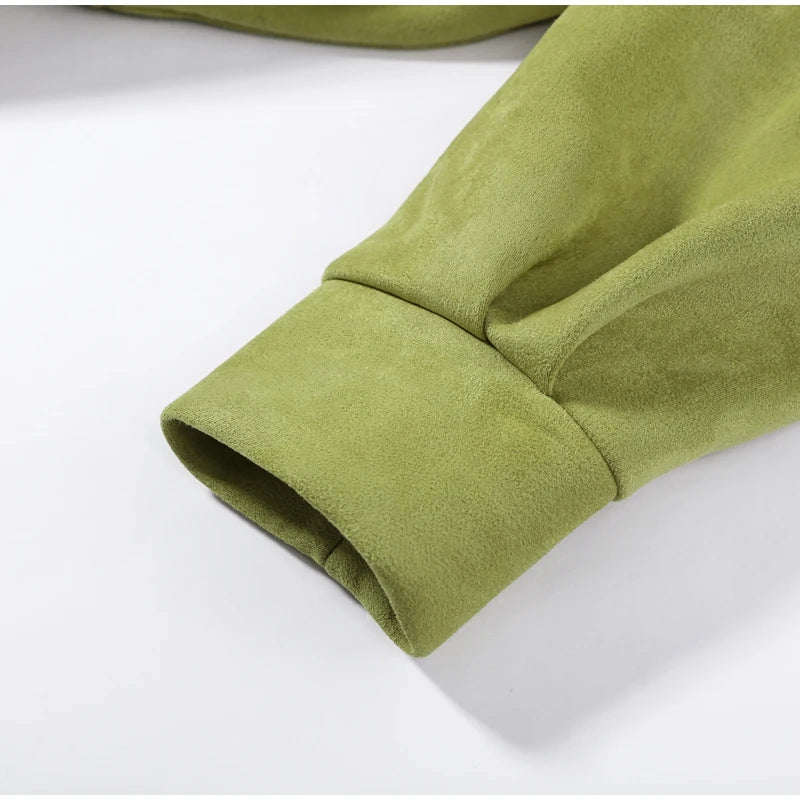Autumn Women's Green Suede Short Jacket Loose Lapel Zipper Long Sleeve Bomber Coat Female 2025 New Lady High Street Outwears