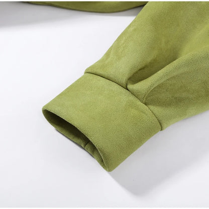 Autumn Women's Green Suede Short Jacket Loose Lapel Zipper Long Sleeve Bomber Coat Female 2025 New Lady High Street Outwears