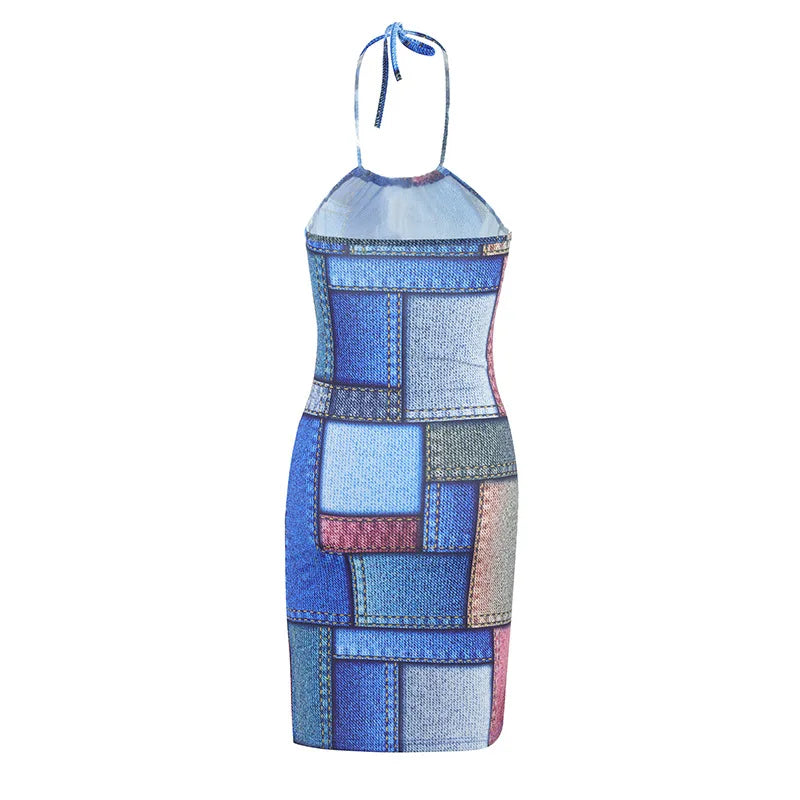 Summer Faux Denim Print Neck-mounted Spaghetti Strap Dress Women Sexy Slim Sleeveless Backless Dresses Fashion Wrap Hip Vestidos