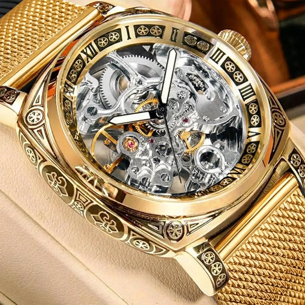 New men's watch with hollowed out carving design, high-end fashion disc gold mesh belt, men's fully automatic mechanical watch